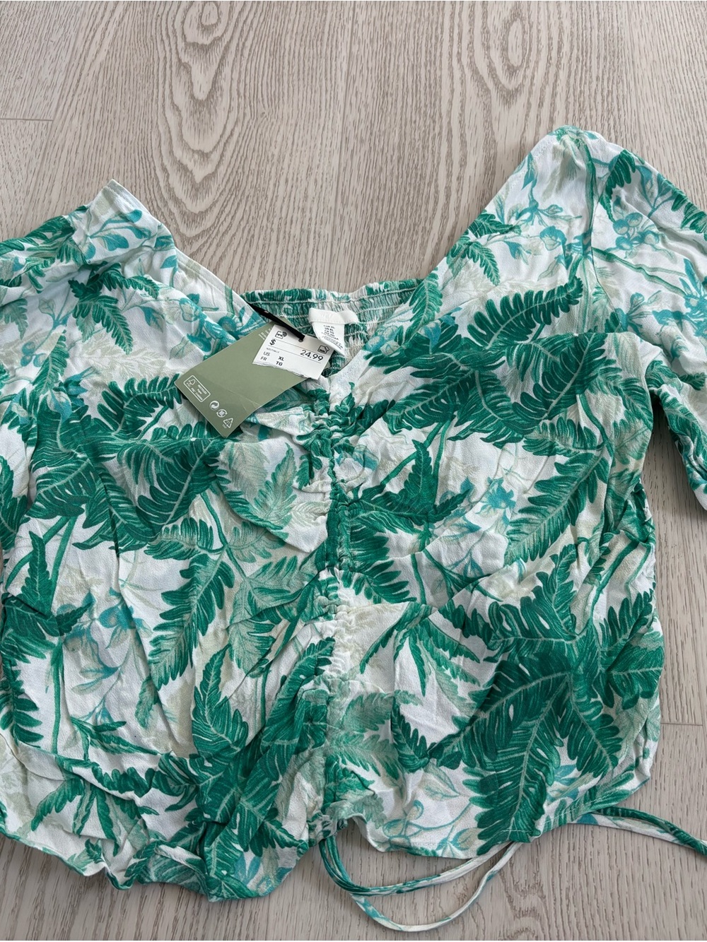 H&M White and Green Leaf-Print Tie-Front Blouse